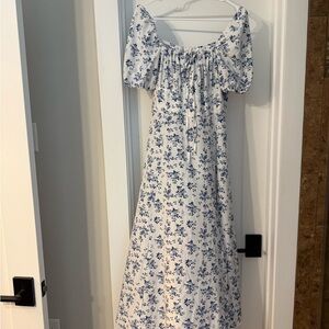 Floral White and Blue Maxi Dress